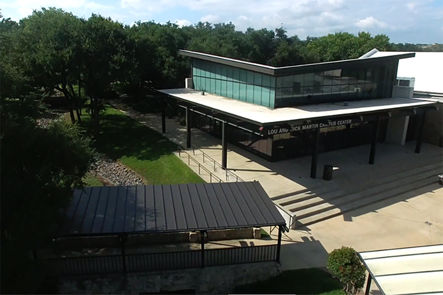 The drone can capture unique angles of our campus, like this one of the Martin Center, taken on a bright September morning.