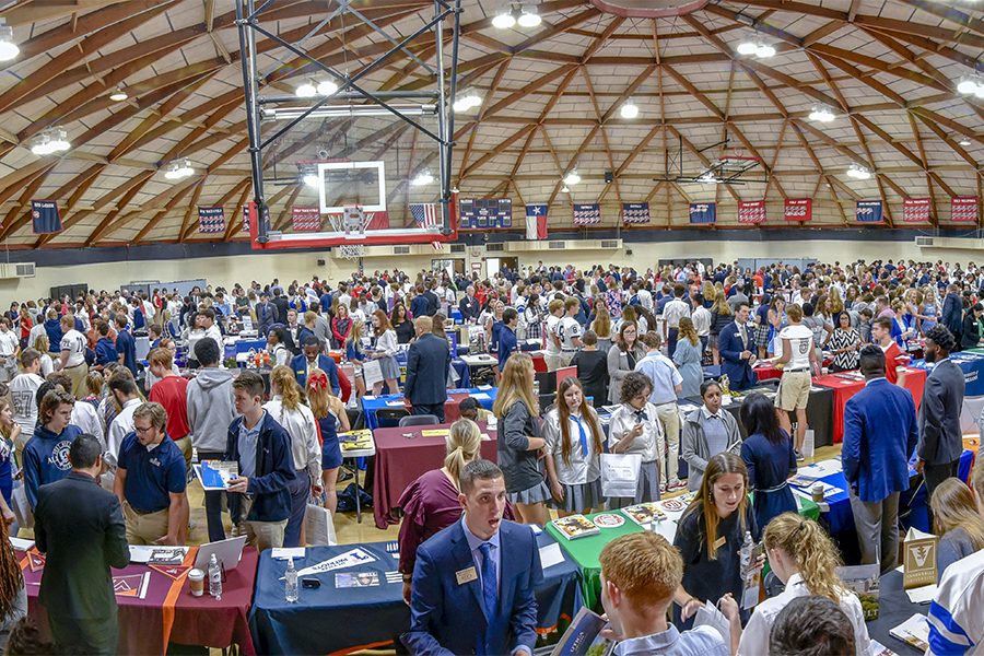 Juniors and Seniors from five different high schools convene in the Round Gym for college day.