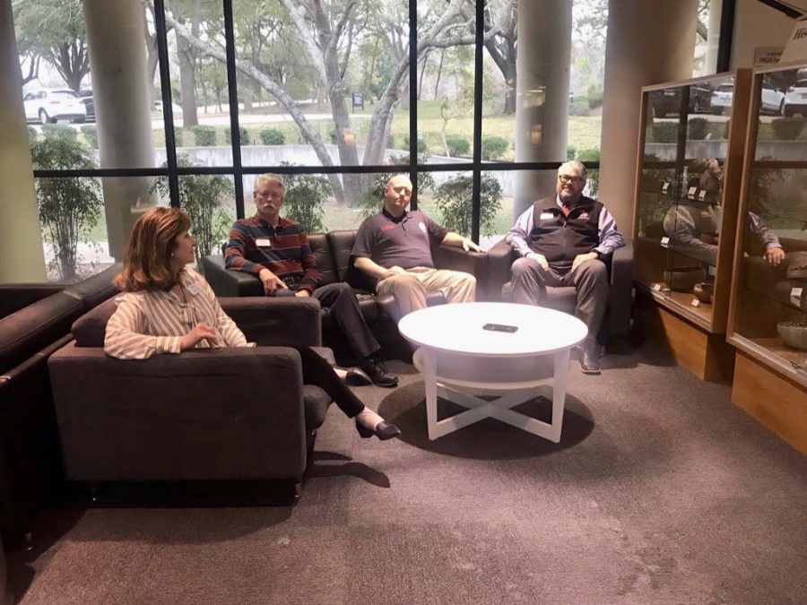 Therea Fuss, LS Counselor; Craig Slatyon, Head of Security; Andrew Beasley, Network Administrator; and Chad Peacock, Security Supervisor met in the library to film a video, which was shown on Founders’ Day.  