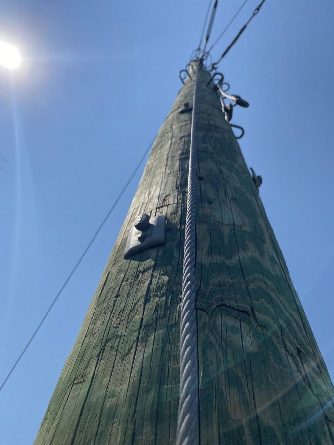 Ninth graders are excited to climb up this pole as part of the ropes course day on September 10. 