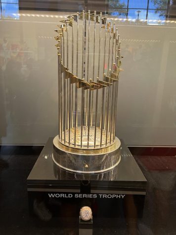 The 2021 World Series Trophy and Atlanta Braves ring at Truist Park