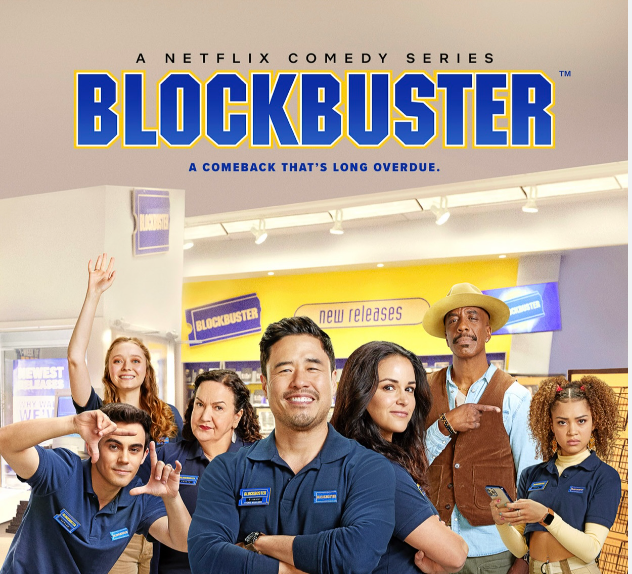 The Blockbuster Employees and the other Characters stand in their store.