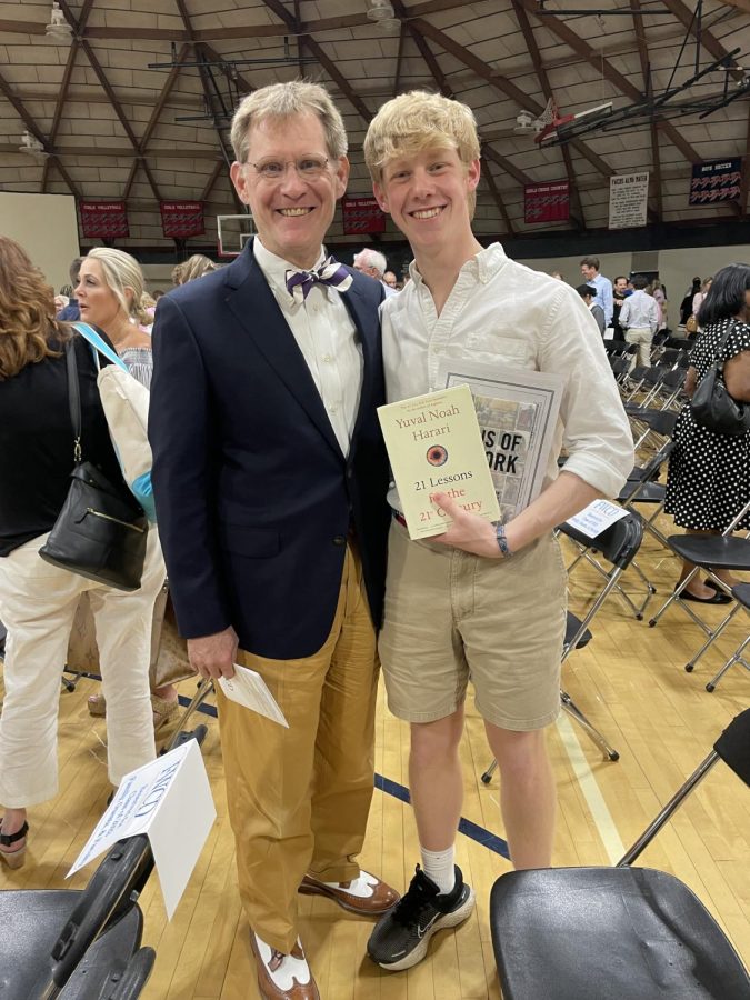 Gregg Lehman and Marshall Lehman 24 celebrate after the Upper School Awards Ceremony.