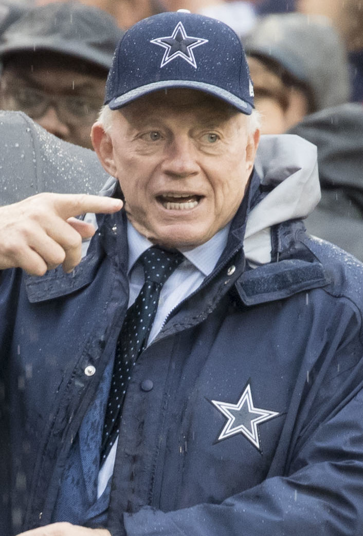 Dallas Cowboys owner Jerry Jones prior to the start of the game against the Washington Redskins at FedEx Field on October 29, 2017 in Landover, Maryland. Licensed under Creative Commons Attribution-Share Alike 2.0 Generic license. https://commons.wikimedia.org/wiki/File:Jerry_Jones_%2824176024648%29_%28cropped%29.jpg