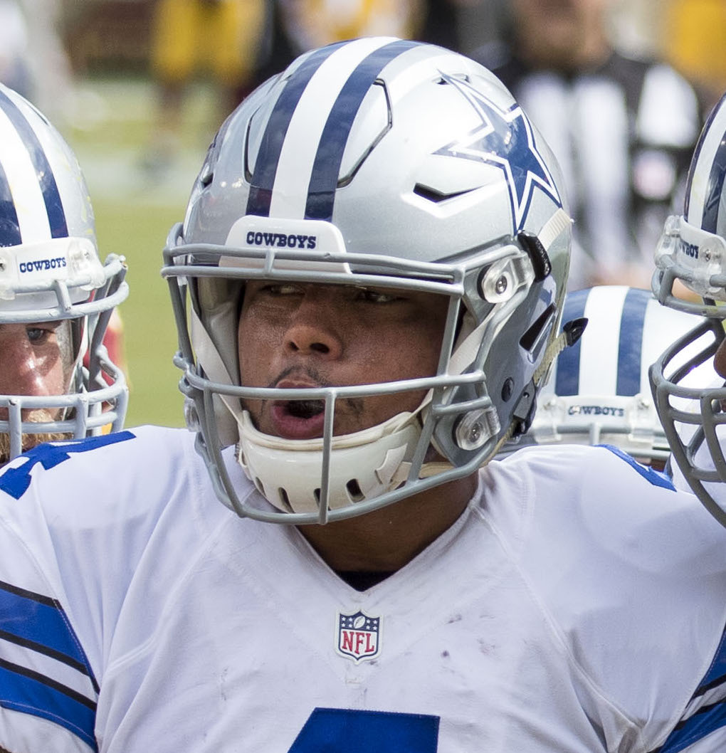 Dallas Cowboys quarterback, Dak Prescott, in a game agains the Washington Redskins on September 18, 2016. Taken on 18 September 2016, 15:03:44 by Keith Allison via Flickr. This file is licensed under the Creative Commons Attribution-Share Alike 2.0 Generic license. https://commons.wikimedia.org/wiki/File:Dak_prescott_2016.jpg