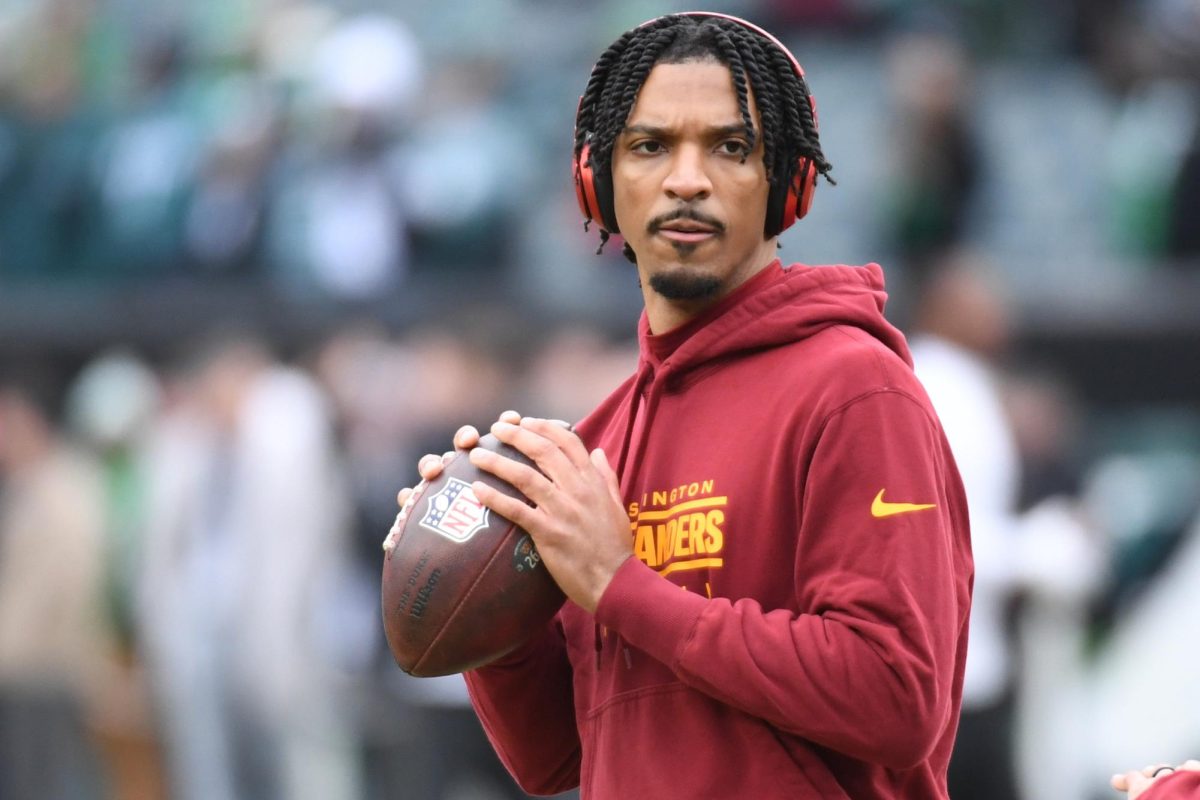 Jan 26, 2025; Philadelphia, PA, USA; Washington Commanders quarterback Jayden Daniels (5) during warmups against the Philadelphia Eagles in the NFC Championship game at Lincoln Financial Field. Mandatory Credit: Eric Hartline-Imagn Images