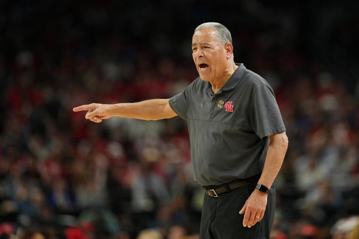Apr 7, 2025; San Antonio, TX, USA; Houston Cougars head coach Kelvin Sampson reacts after a play against the Florida Gators during the second half of the national championship game of the Final Four of the 2025 NCAA Tournament at the Alamodome. Mandatory Credit: Bob Donnan-Imagn Images