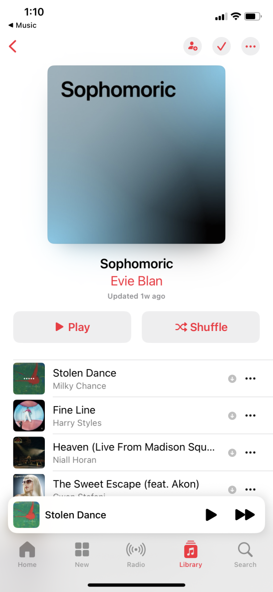 A screenshot of Evie Blan's '27 "Sophomoric" playlist.
