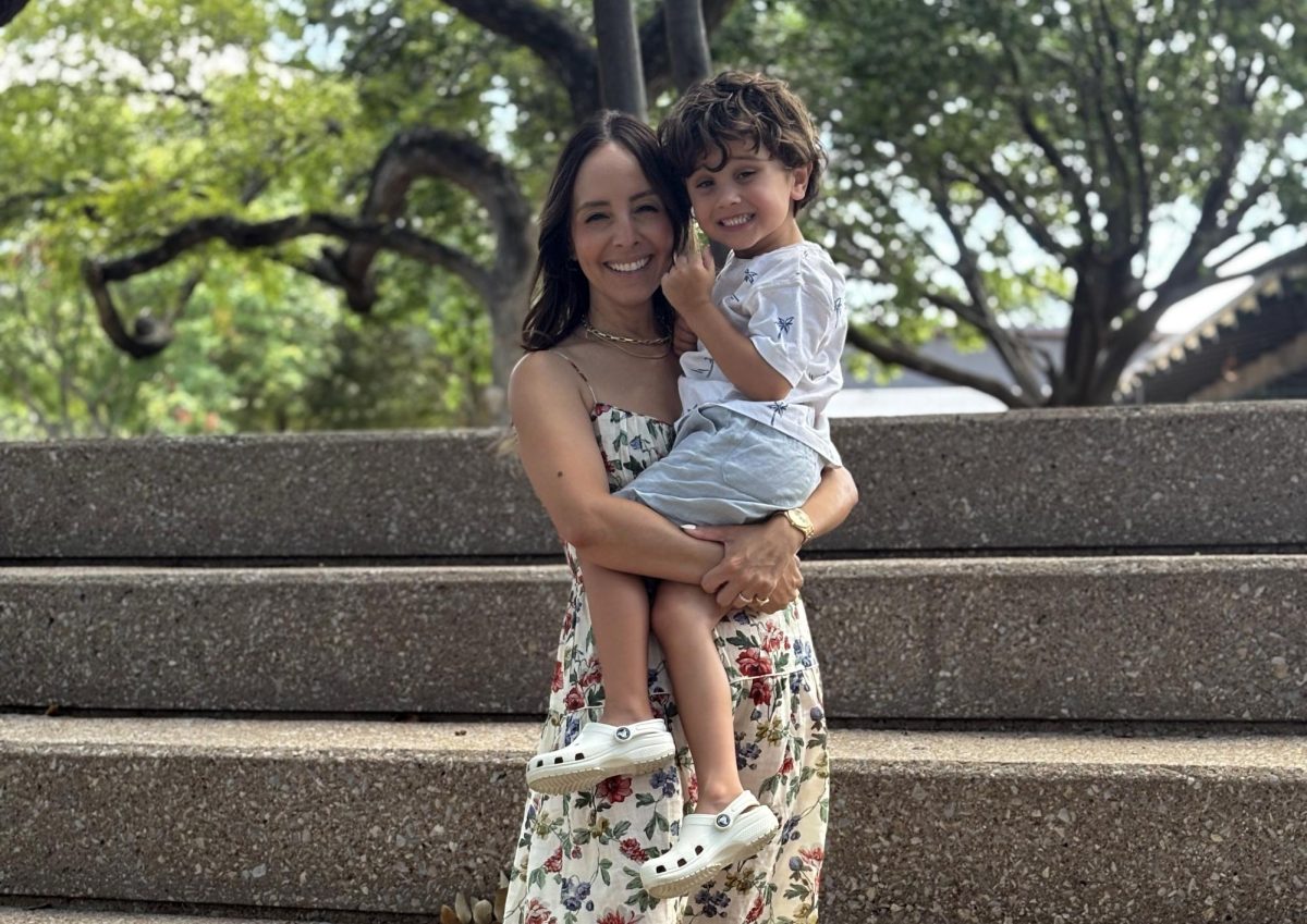 Lilliana Vazquez '98 and her son at a recent visit to Fort Worth Country Day's campus. 