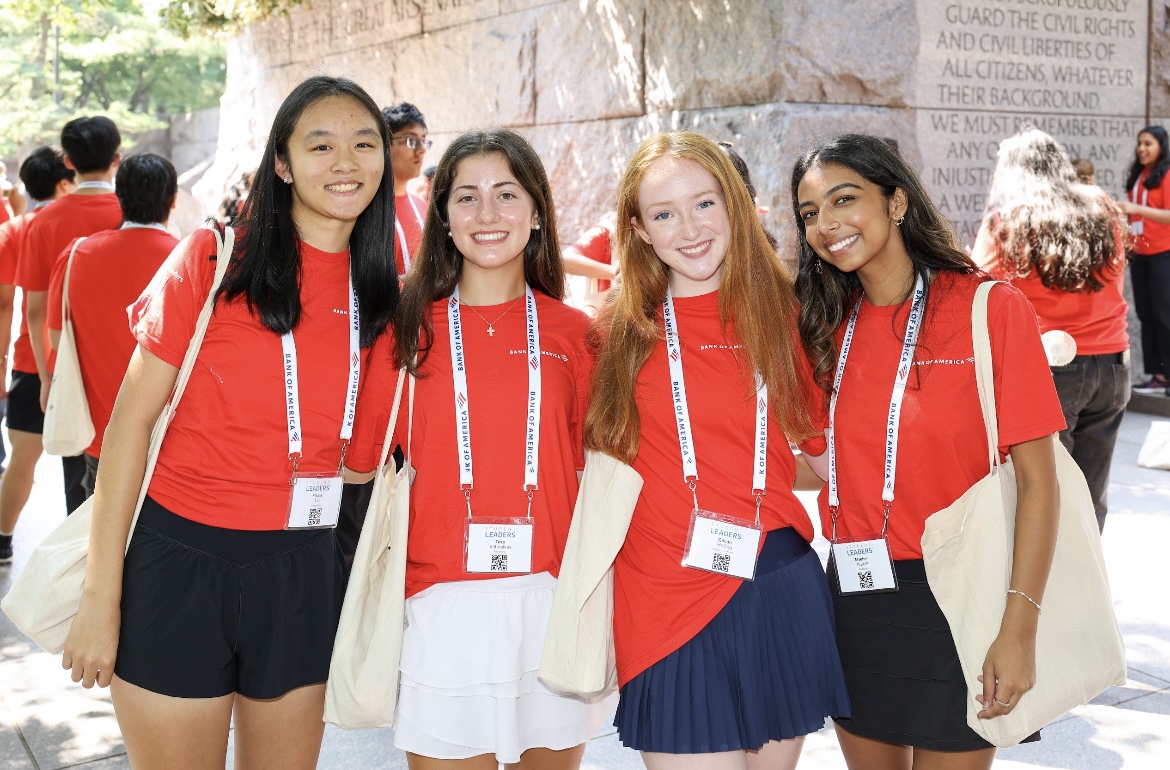 Four 2025 Student Leaders spend time at the FDR Memorial in Washington, DC.