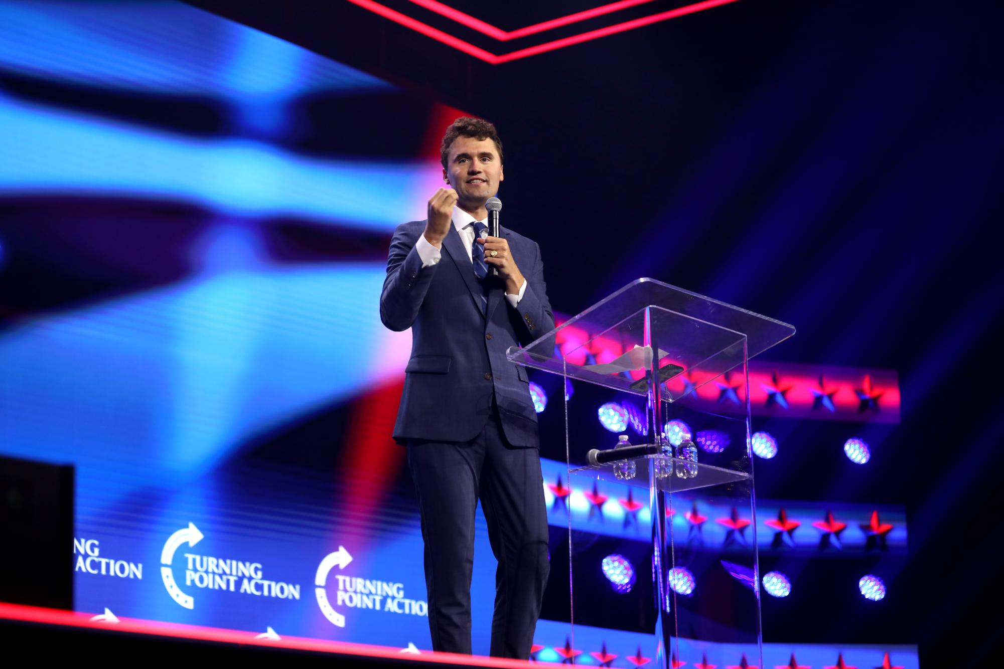 Charlie Kirk speaking with attendees at the 2023 Turning Point Action Conference at the Palm Beach County Convention Center in West Palm Beach, Florida.
Attribution-ShareAlike 2.0 Generic CC BY-SA 2.0 Deed
