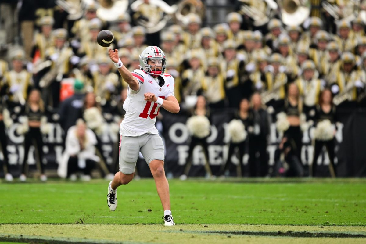 Nov 8, 2025; West Lafayette, Indiana, USA;  Ohio State Buckeyes quarterback Julian Sayin (10) throws a pass during the first quarter against the Purdue Boilermakers at Ross-Ade Stadium. Marc Lebryk-Imagn Images