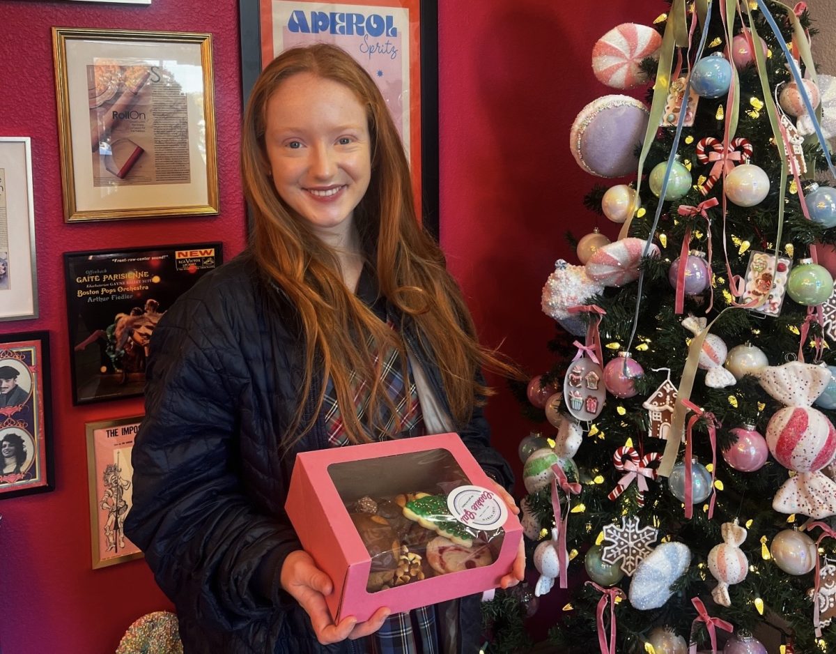 My excitement is evident as I display FW Cookie Gal's box of treats in their holiday-decorated storefront.