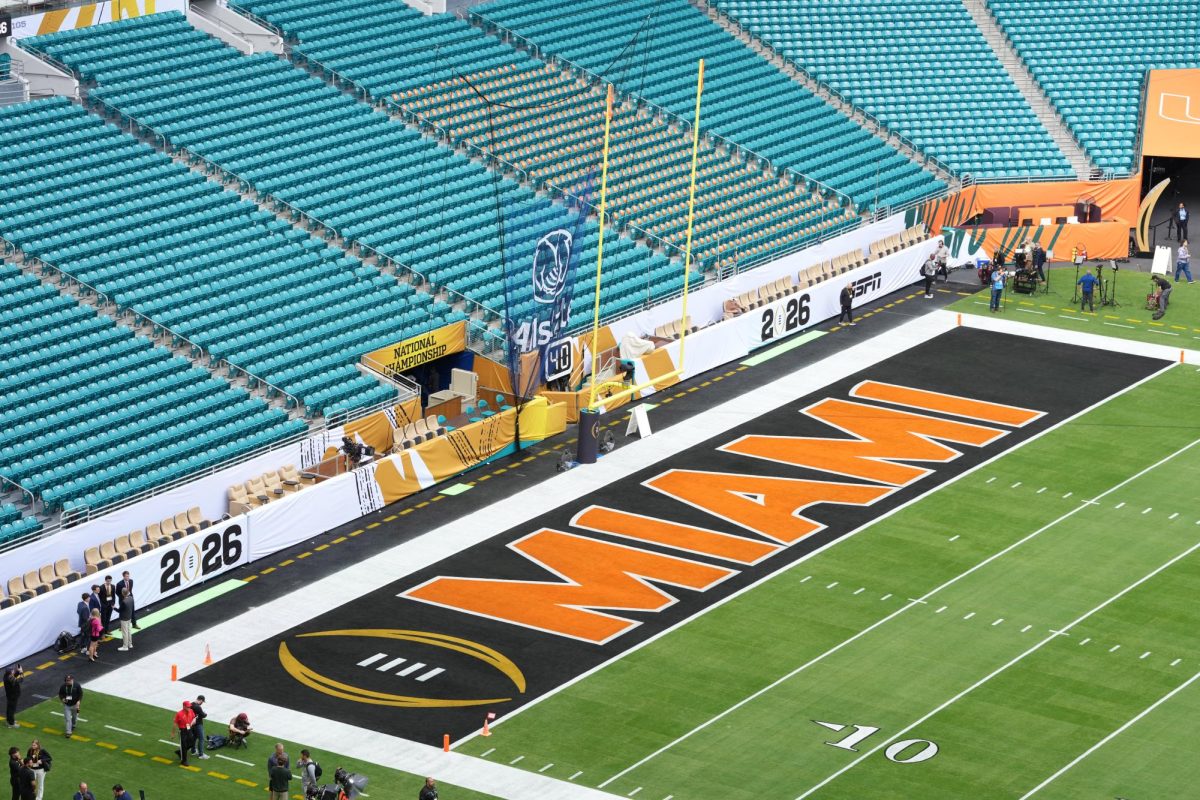 Jan 19, 2026; Miami Gardens, FL, USA; The Miami Hurricanes logo in the end zone at the CFP National Championship college football game at Hard Rock Stadium. Mandatory Credit: Kirby Lee-Imagn Images